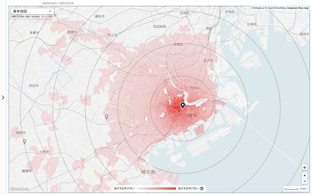 指定エリアの来訪者データを元にした実勢商圏を地図上に表示